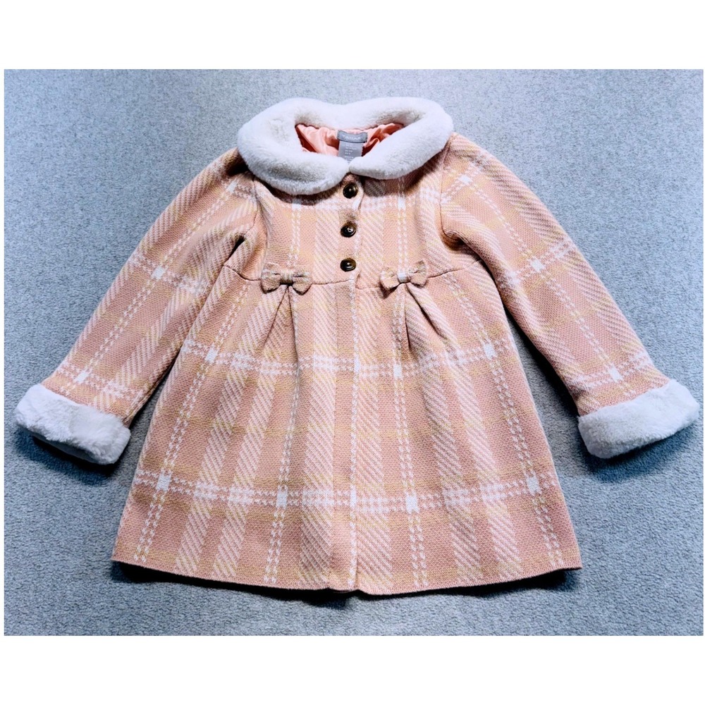 Tahari Faux Fur Coat Girls Size 5T Cream Ivory Plush Bow Formal Winter Jacket